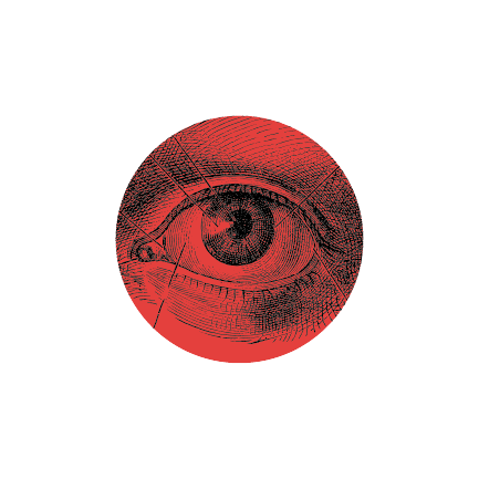 Black anatomical sketch of an eye on a red circle.