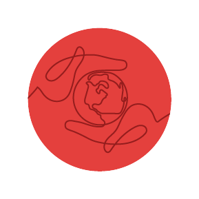 Line art icon of hands holding the earth on a red circle.